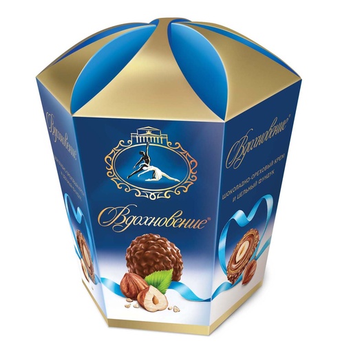 [04_01_0150] Chocolate sweet in boxes "Вдохновение" с шоколадно ореховым кремом и цельным фундуком (конфеты) шестиугольник 1/150gr 5pc /Uniconf 01/  04_01_0150