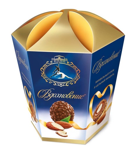 [04_01_0160] Chocolate sweet in boxes "Вдохновение" с шоколадно миндальным кремом и цельным миндалем (конфеты) шестиугольник 1/150gr 5pc /Uniconf 01/  04_01_0160