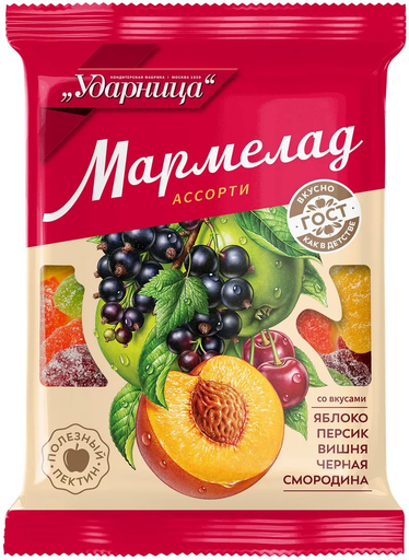 [07_12_0022] Fruit Jelly Sweets Мармелад «Ассорти со вкусами Яблока, Персика, Вишни, Чёрной смородины" (Фруктовая) 1/275gr 12pc /Udarnitsa 12/    07_12_0022