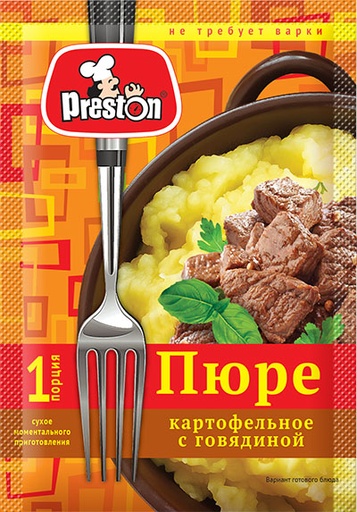 [21_27_0083] Instant mashed potatoes M39056 Пюре картофельное моментального приготовления со вкусом говядины "Preston" 1/034gr 20pc /Magiya Vostoka 27/   21_27_0083